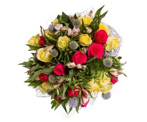 Bouquet of flowers top view on white background