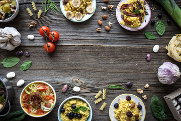 Top View Food and Ingredients with Empty Space for Designs on Wooden Background