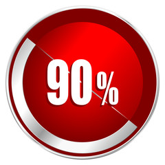 90 percent red web icon. Metal shine silver chrome border round button isolated on white background. Circle modern design abstract sign for smartphone applications.