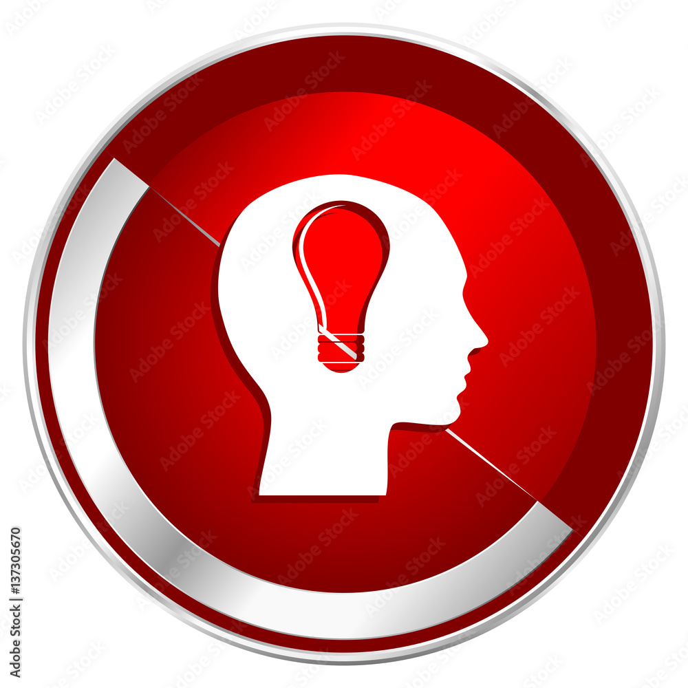 Poster Head red web icon. Metal shine silver chrome border round button isolated on white background. Circle modern design abstract sign for smartphone applications.