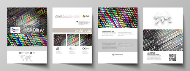 Business templates for brochure, magazine, flyer, booklet. Cover design template, vector layout in A4 size. Colorful background made of stripes. Abstract tubes and dots. Glowing multicolored texture.