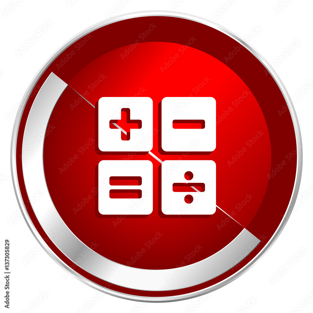 Aufkleber calculator red web icon. metal shine silver chrome border round button isolated on white background.