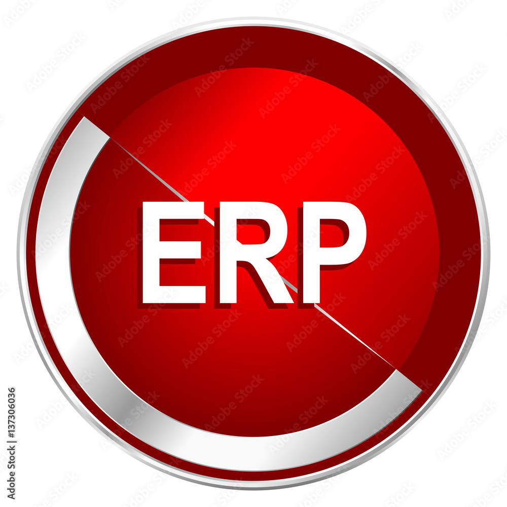 Poster erp red web icon. metal shine silver chrome border round button isolated on white background. circle