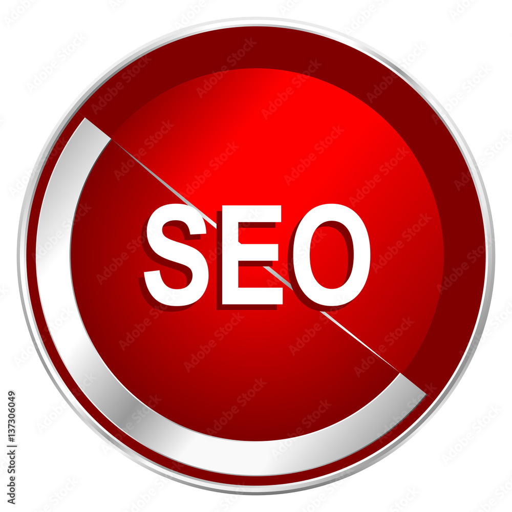 Poster seo red web icon. metal shine silver chrome border round button isolated on white background. circle