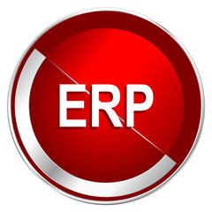 Erp red web icon. Metal shine silver chrome border round button isolated on white background. Circle modern design abstract sign for smartphone applications.