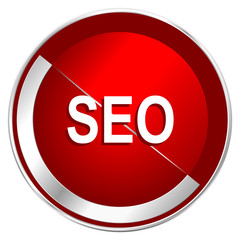 Seo red web icon. Metal shine silver chrome border round button isolated on white background. Circle modern design abstract sign for smartphone applications.