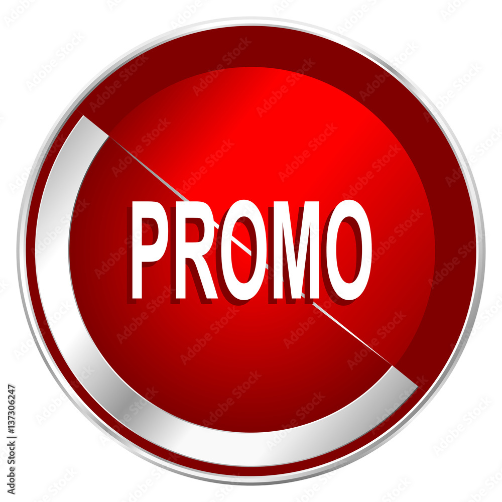 Poster promo red web icon. metal shine silver chrome border round button isolated on white background. circ