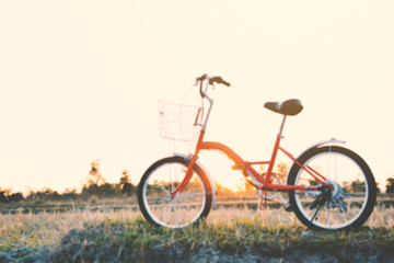 Vintage of bicycle on grass field, blur of focus