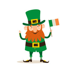 Saint Patrick's Day. Funny Leprechaun with a flag of Ireland on a light background. Vector illustration.