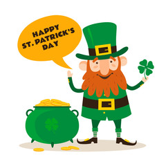 Saint Patrick's Day. Funny Leprechaun with leaf clover and pot of gold on a light background. Vector illustration.