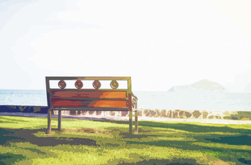 a bench with blurred blue sea and sky in background.Secluded place for near the sea shore.lonely concept.selective focus.filtered image. comic halftone picture style process