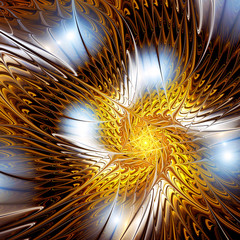 Abstract golden light twirl background. Bright digital dynamic artwork for creative design. Artistic decoration for wallpaper desktop, poster, cover booklet, flyer. Fractal art