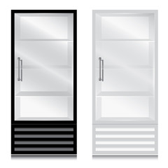 Glass door fridge with door handle open on the right. Glass door fridge Black and White on white background.