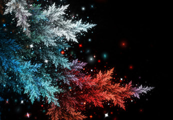 Illuminated Christmas tree twigs with blurred bokeh lights on a black. Abstract frosty winter background. Cover design for booklet, flyer, invitation for holiday, wallpaper desktop. Fractal art