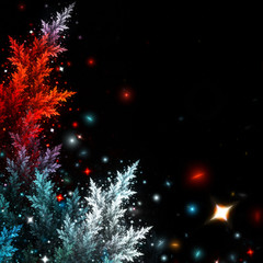 Illuminated Christmas tree twigs with blurred bokeh lights on a black. Abstract frosty winter background. Cover design for booklet, flyer, invitation for holiday, wallpaper desktop. Fractal art