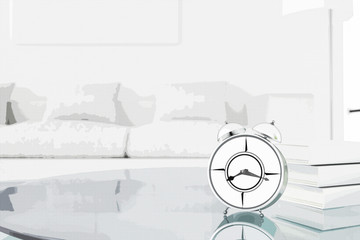 Obraz premium 3d rendering : illustration of retro alarm clock put on wooden table.with blurred living room in bakcground.morning.wake up to rest concept.copyspace. comic halftone picture style process