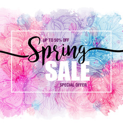 poster Spring sales on a floral watercolor background. Card, label, flyer, banner design element. Vector illustration