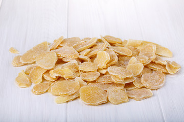 Candied ginger on white.