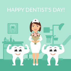 Dentist doctor with a bouquet of flowers. Two healthy beautiful white teeth. Greeting card. International day of the dentist. The cute characters. Festive illustration. Vector.