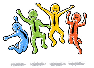 Eine Gruppe aus Geschäftsleuten beim Freudensprung / Vektor, gezeichnet, schraffiert, freigestellt