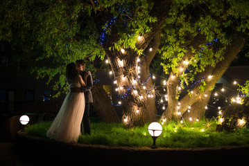 wedding couple in magical night forest decorated light garlands