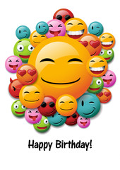 Happy Birthday, greeting card design with colorful emoticons, eps10 vector