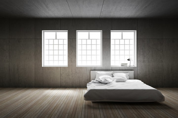 3D rendering : illustration of big spacious bedroom in soft light colors.big comfortable double bed in elegant classic modern bedroom.interior design of house