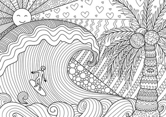 Man surfing on big wave in beautiful day for adult coloring book page
