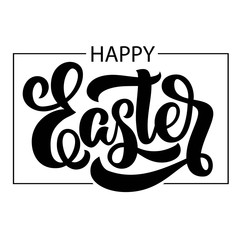 Hand lettering Happy Easter, handwriting in black square frame, isolated on white background. Vector illustration. Can be used for holiday design.