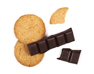 chocolate bars and round wholewheat biscuits with hazelnut isolated on white background