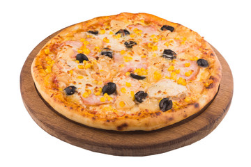 tasty pizza with olives, bacon and corn