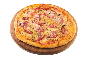 Pizza with meat, peppers and onions