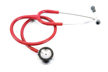 Close up view of red stethoscope on white background.Stethoscope isolated