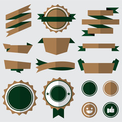 set of brown badges , labels and ribbons. flat design concept. branding and sale decoration. vector illustration.