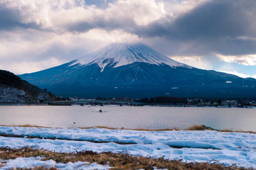 Mt. Fuji at Lake Kawaguchiko during winter in Japan.