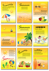 Summer Template Banners Set-Vector Illustration,Graphic Design.Flyer Design With Surfboard,Slippers,Fruit Slice And Ball.Collection Of Modern Posters,Ocean Landscape.For Ads,Advertising,Web Site,Print