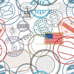 Travel stamps or adventure symbols set, seamless pattern