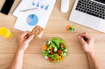 Healthy business lunch top view at table.