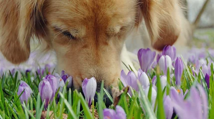 Selbstklebende Fototapeten Hund schnuppert an krokussen © fotoak80