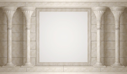 Classical colonnade in the background of the old wall with empty billboard. 3D Render