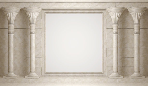 Classical colonnade in the background of the old wall with empty billboard. 3D Render
