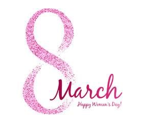 8 march women's day greeting card. Pink glitter.