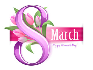 8 march women's day greeting card. Tulip flowers and ribbon.