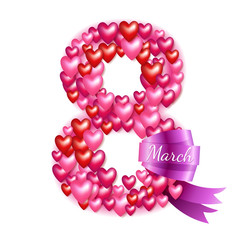 8 march women's day greeting card. Hearts and ribbon.