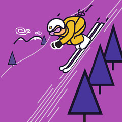 Downhill skier in a tuck racing down a hill passing trees and clouds and mountains.
