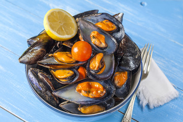 Bowl of steamed mussels. Mejillón de Galicia