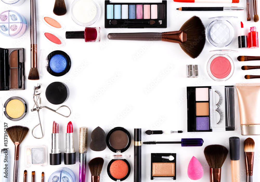 Poster Makeup cosmetics tools and essentials background, copy space