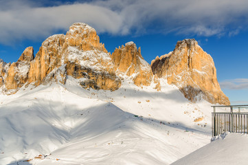 Morning view of Sassolungo from  Belvedere valley near Canazei of Val di Fassa, Trentino-Alto-Adige region, Italy.