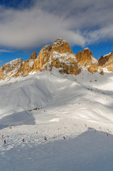 Morning view of Sassolungo from  Belvedere valley near Canazei of Val di Fassa, Trentino-Alto-Adige region, Italy.