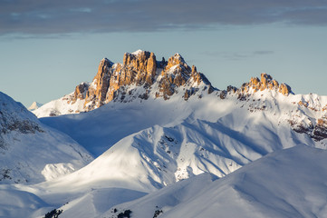 Morning view of Dolomites from  Belvedere valley near Canazei of Val di Fassa, Trentino-Alto-Adige region, Italy.